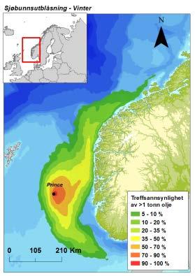 Figur 5.3. Sannsynligheten for treff av mer enn 1 tonn olje i 10 10 km sjøruter gitt en sjøbunnsutblåsning fra letebrønn Prince, for hver sesong.