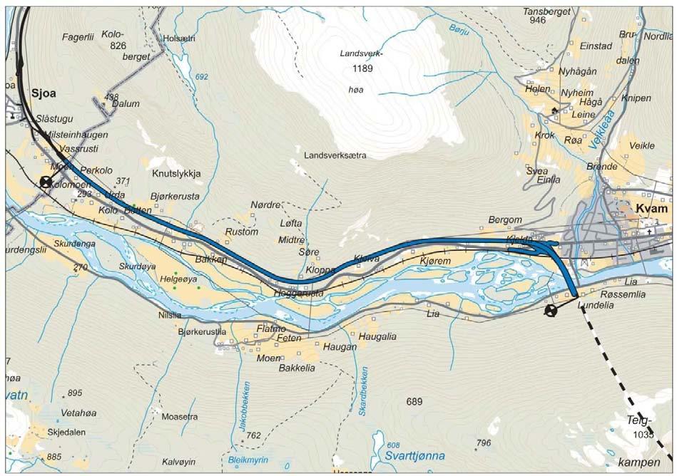 5.2.2 Øvre linje Figur 12 Kommunedelplan Kvam - Sel grense, Øvre linje Øvre linje vil på samme måte som nedre komme ut fra tunnelen gjennom Teigkampen i to adskilte løp med to ensrettede felt i hvert