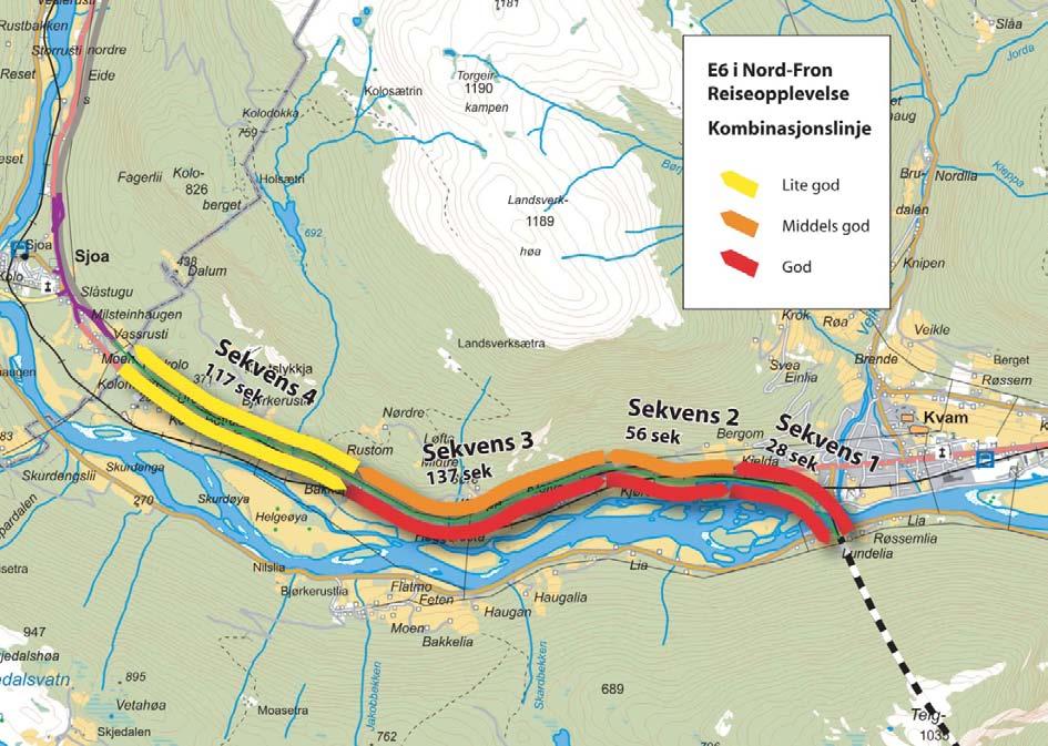 Figur 34 Reiseopplevlse kombinasjonslinje Kombinasjonslinje - Reiseopplevelse fra sør mot nord Sekvens 1 Traseen kommer ut av tunnelen med flott utsikt til