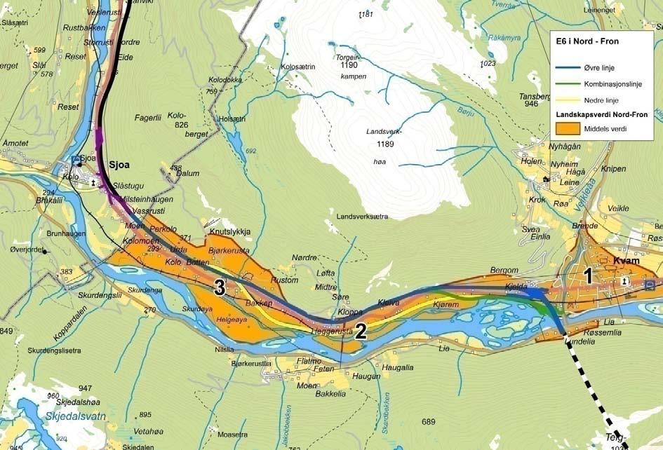 6 Kombinasjonslinje med planskilt kryss på Kvam Delområde 1 - Lundelia - Molykkja Delområdet er preget av et åpent landskap med nærhet til Lågen.