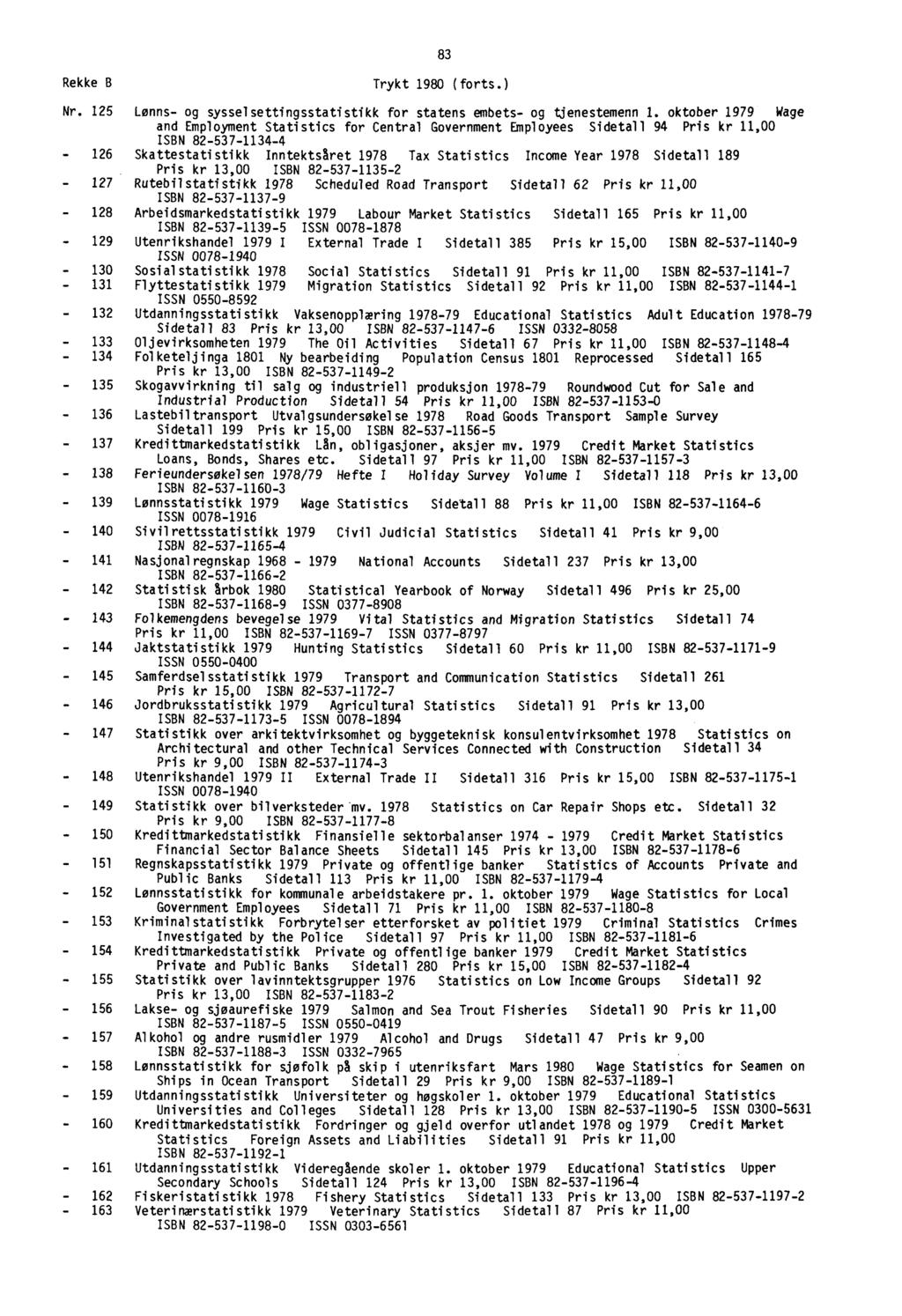 83 Rekke B Trykt 1980 (forts.) Nr. 125 Lønns- og sysselsettingsstatistikk for statens embets- og tjenestemenn 1.