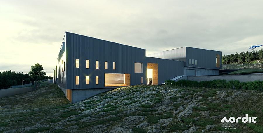 Figur: Nordic Office of Architecture Reguleringsplanforslaget har tatt høyde for at bygningsmassen ved beredskapssenteret skal kunne utvides i en fremtidig situasjon.
