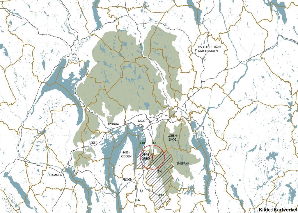 3 PLANOMRÅDET 3.1 Beliggenhet og størrelse 3.1.1 Beliggenhet i Osloområdet Planområdet ligger på Taraldrud, nordvest i Ski kommune, på grensen mot Oppegård kommune i vest.