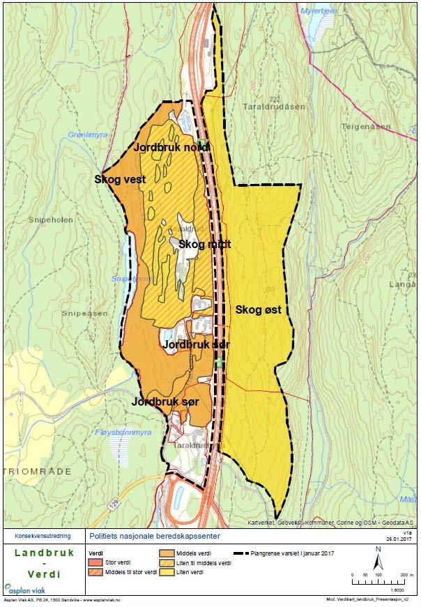 Figur 6-10 Kart som viser egnethet på jordbruksarealene (til venstre). Gul farge viser arealer som er godt egnet. Figur til høyre viser verdikart.