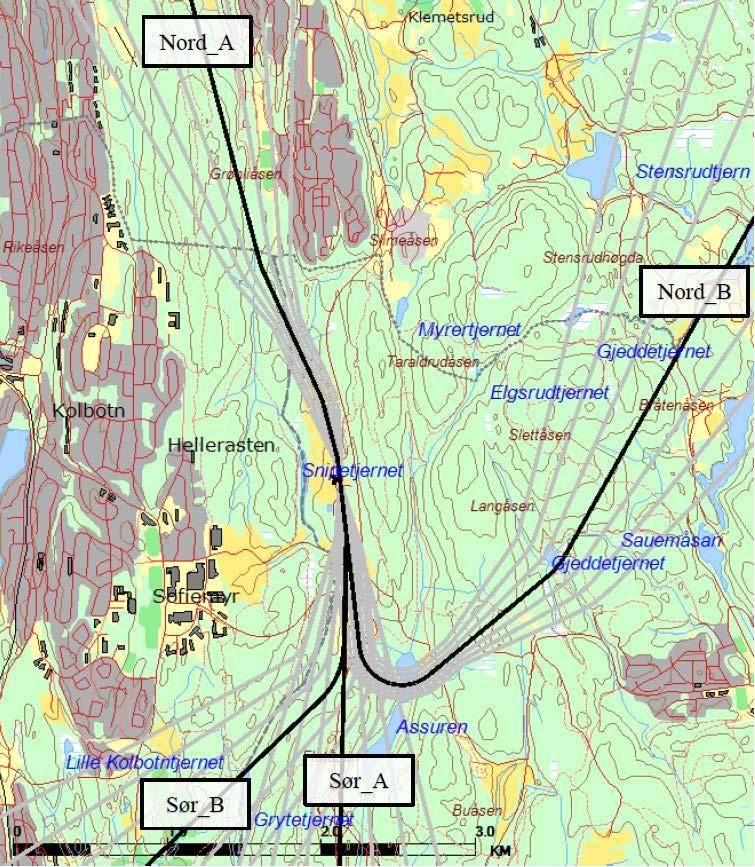 Tabell 6-9 Fordeling av helikoptertrafikken på inn- og utflygingstraseer Trasé Landinger Avganger Nord A 30 % 30 % Nord B 60 % 55 % Sør A 10 % 10 % Sør B 0 % 5 % Figur 6-16 Inn- og utflygingstraseer