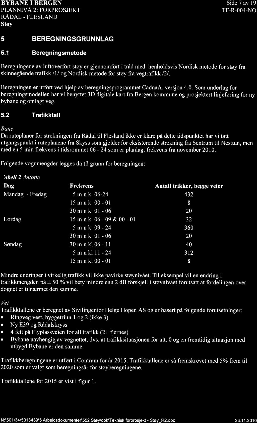 BYBANE I BERGEN Side 7 av 19 PLANNIVÅ 2: FORPROSJEKT TF-R-OO4-NO RÄIEI - FLESLAND 5 BEREGNINGSGRUNNLAG 5.