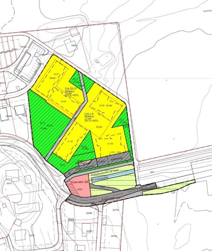 Plan 0292 Skadbergåsen boligfelt andre endring nordre del, vedtatt 8.2.2007 De berørte områdene er regulert til offentlige trafikkområder, gang- og sykkelveg og friluftsområde på land.