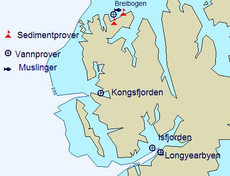 Figur 2. Oversikt over plassering av prøvestasjoner for sediment-, sjøvannsprøver og muslinger på Svalbard 2016.