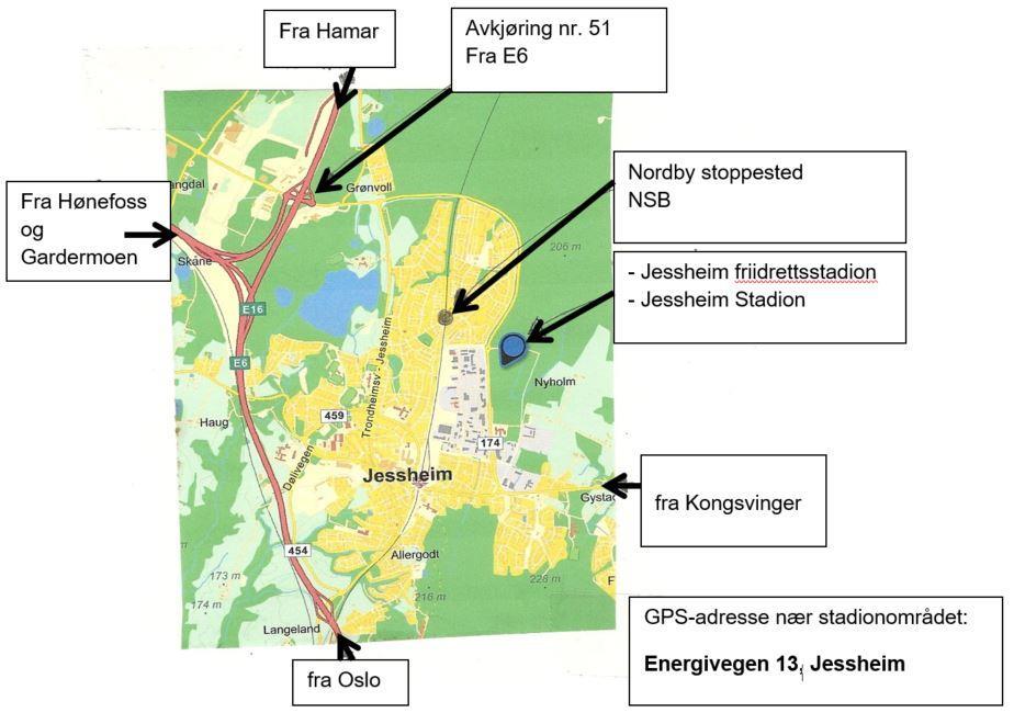 Kjøreanvisning fra motorvegen, E6: Sving av ved Jessheim Nord, (avkjøring nr 51) og følg riksveg 174 østover.