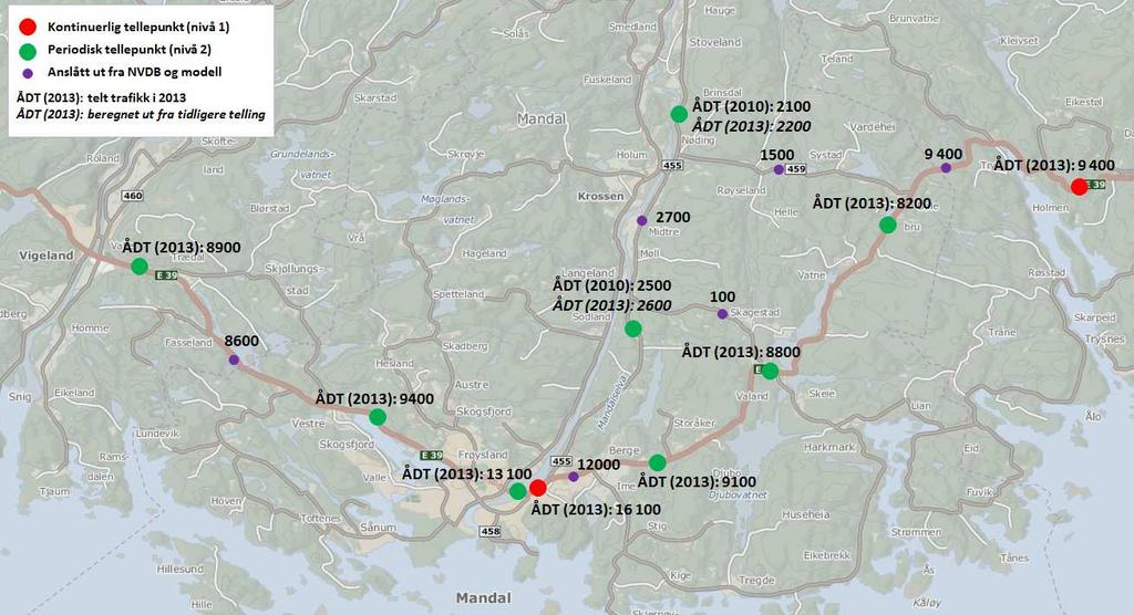 10 4 Dagens situasjon I første omgang er dagens «virkelige» situasjon kartlagt ut fra trafikktellinger på vegnettet, for å kunne sammenligne disse med trafikktallene fra transportmodellen.