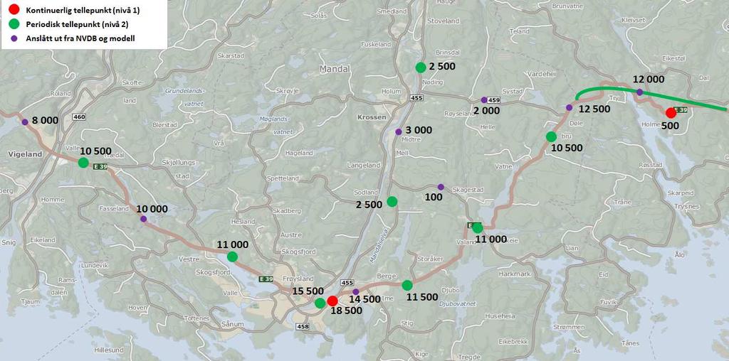 15 5.3.1 ÅDT i alternativ 0 (referansealternativ) Beregnet trafikk i 2021 i referansealternativet er vist i Figur 5-3.