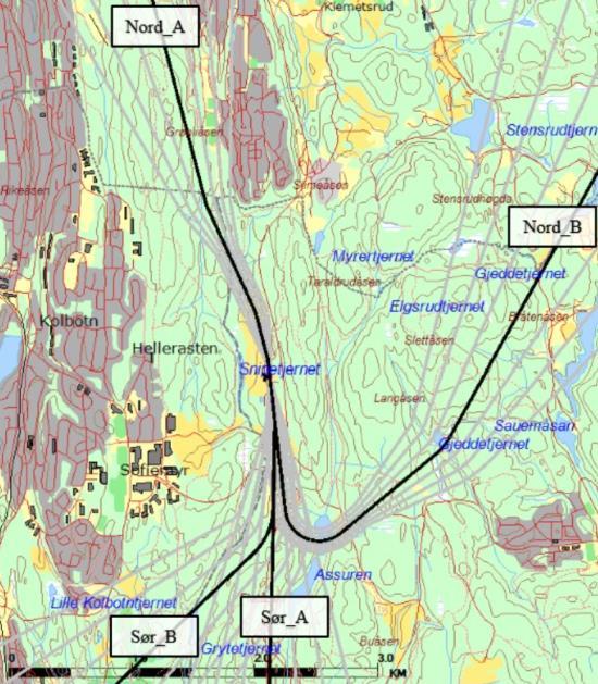 Inn- og utflygingstraséer er valgt slik at de i minst mulig grad berører omliggende boligområder. Beregninger av henholdsvis gul og rød sone er vist i Figur 4-1.