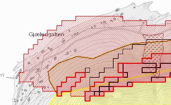 Hytte Skravur for teoretisk maks utbredelse av skred Skravur for teoretisk løsneområde for skred Fig 3: Utdrag fra