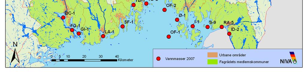 Dette gjelder stasjonene Frierfjord (BC-1), Langesund (FG-1) og Håøyfjorden (GI-1), samt enkelte dekninger av sentrale Oslofjorden. Tabell 1.