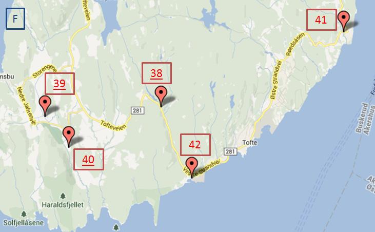 3.6 Delområde F Figur 25. Kart over delområde F med prøvepunkters nummer i følge tabell 1. Understrekede nummer ble prøvetatt både vår og høst, ellers bare vår.