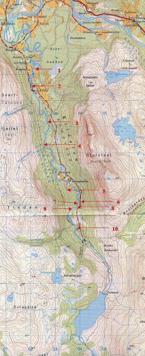 3. Materiale og metoder 3.1 Kildalselva og prøvetakingsstasjonene Kart over Kildalselva og prøvetakingsstasjonene (1 10) for ungfiskregistreringer er vist i figur 1.