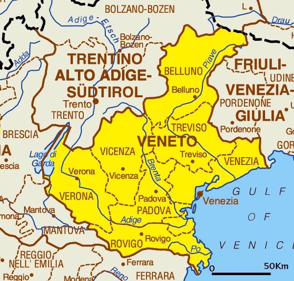 Regionen grenser i nordøst til Friuli-Venezia Giulia, i nordvest til Trentino-Syd-Tirol, i vest til Lombardia og i syd til Emilia-Romagna.