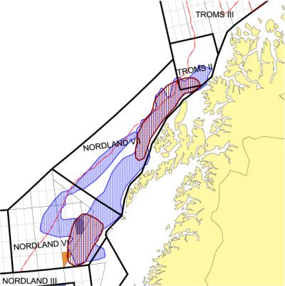Sameksistens mellom fiskerinæringen og oljevirksomheten 17 Figur 2.1. Letemodell i jura i blått, områder som i dag har størst potensial ligger innenfor de mørk røde områdene.
