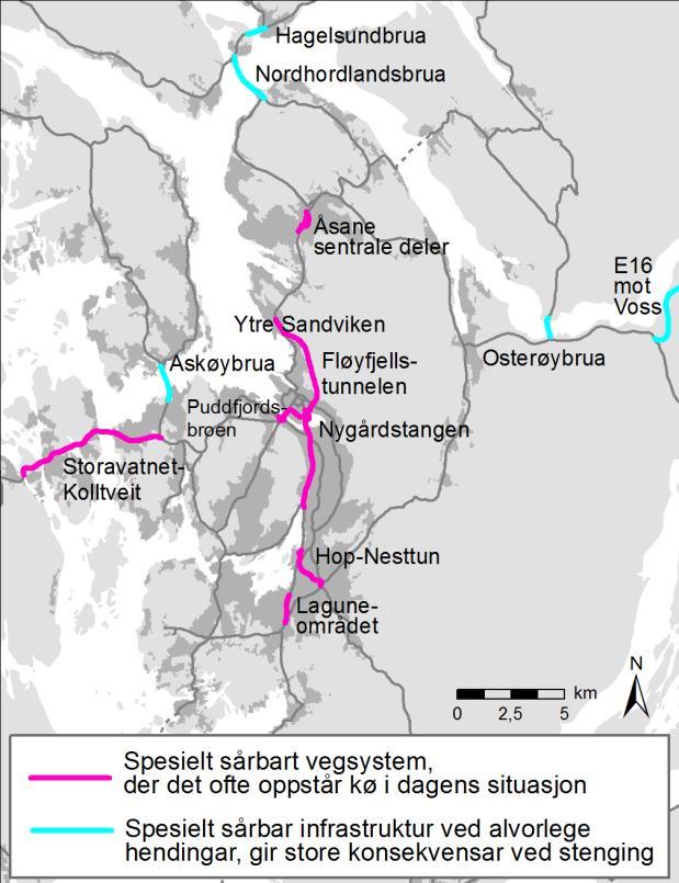 Regional areal- og transportplan for Bergensområdet Vedlegg til Fylkestinget Juni 2017 22 3.4.3 Eit sårbart transportsystem Bergensområdet har eit svært sårbart vegsystem.