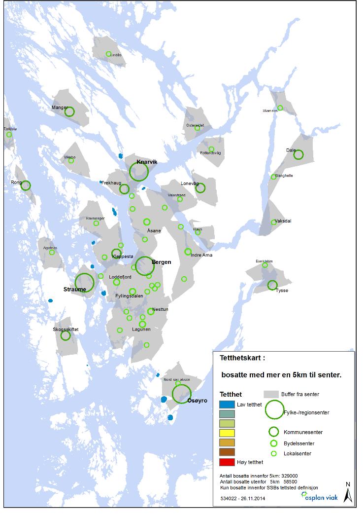 Regional areal- og transportplan for Bergensområdet Vedlegg til Fylkestinget Juni 2017 33 Figur 23 Busetnad med meir enn 5 km (kart til venstre) eller 2 km frå næraste senter (kart til høgre) 4.2.6 Framtidas utbyggingsmønster Ein bør nytte veksten i befolkninga til å styrke sentera i og omkring Bergen.