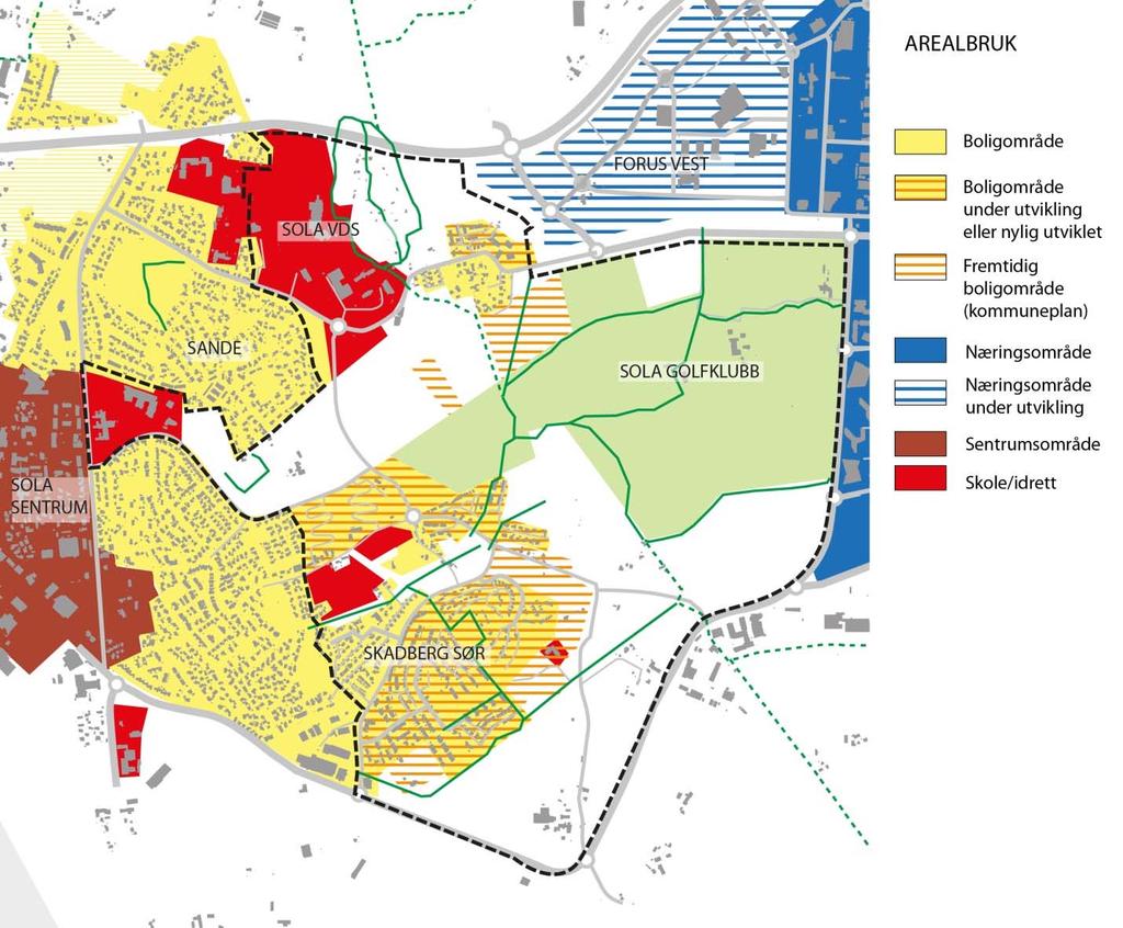 2.2 BYSTRUKTUR AREALBRUK OG BEBYGGELSESSTRUKTUR Sett fra Sola sentrum ligger Skadberg i randsonen av de østre boligområdene.