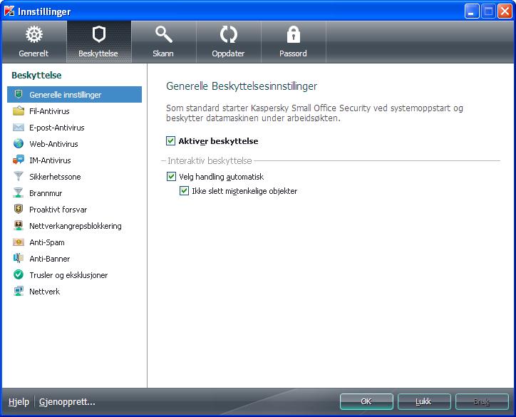 P R O G R A M G R E N S E S N I T T E T VINDU FOR PROGRAMINNSTILLINGER Vinduet for Kaspersky Small Office Security-innstillinger er designet for konfigurering av hele programmet, separate