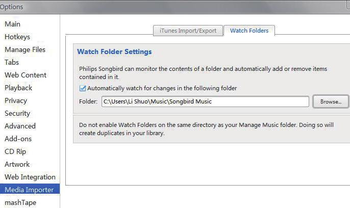 Programvaren importerer itunesbiblioteket til Philips Songbird. Angi overvåkingsmappen I Philips Songbird angir du overvåkingsmappen på følgende måte: 1 Velg Tools (Verktøy) > Options (Alternativer).