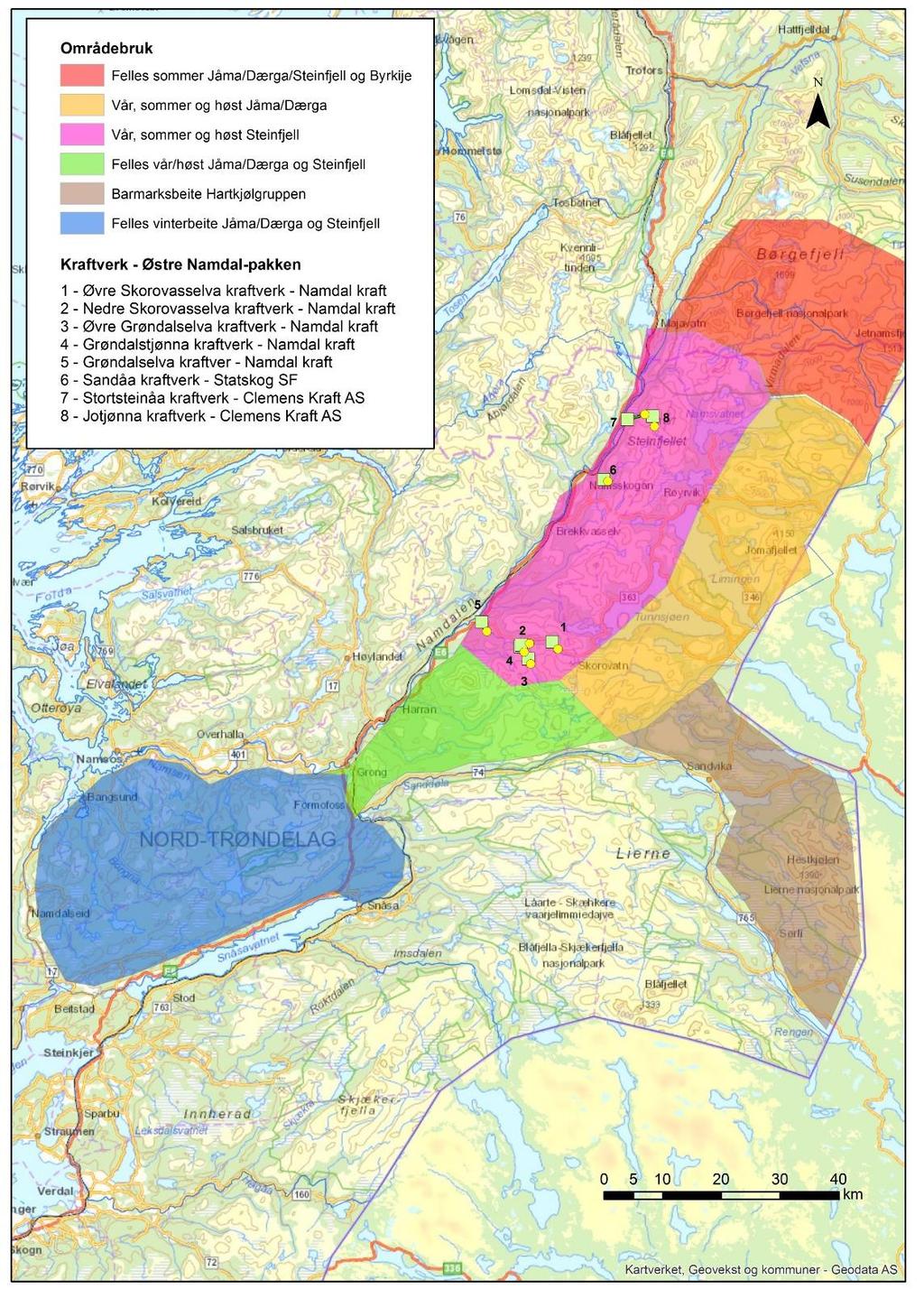 Figur 2-2 Grovt forenklet kart over områdebruk i distriktet.