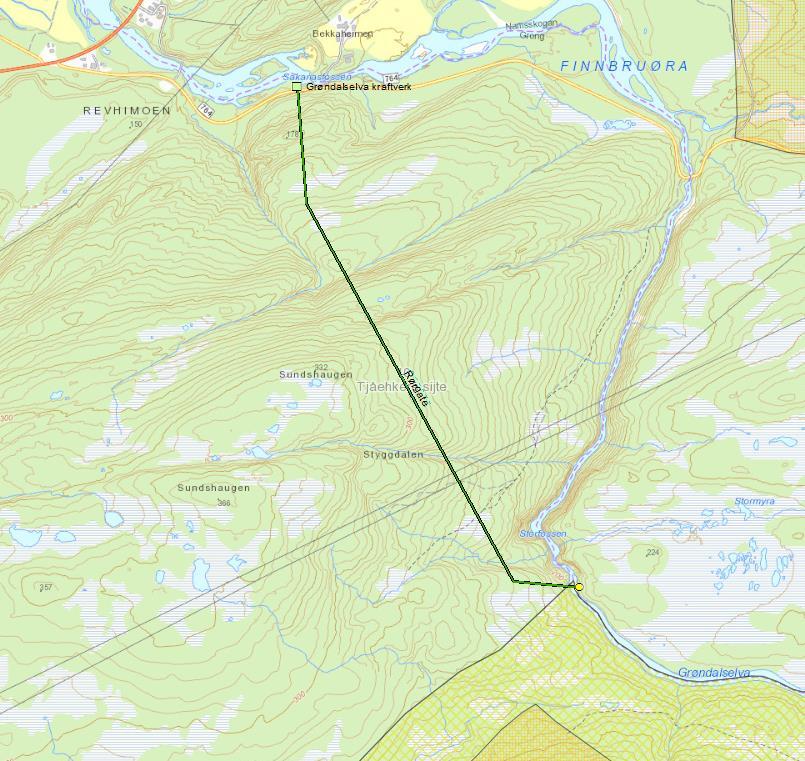 4.1.5 Grøndalselva kraftverk Grøndalselva kraftverk planlegges med inntak i Grøndalselva like sør for Storfossen, ca. 4 km oppstrøms utløpet i Namsen. Elva går her i et bratt dypt juv.