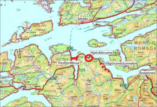 Case Tresfjordbrua E136 Tresfjordbrua og Vågstrandtunnelen er det største utbyggingsprosjektet i RM Brulengde 1,3 km Byggestart