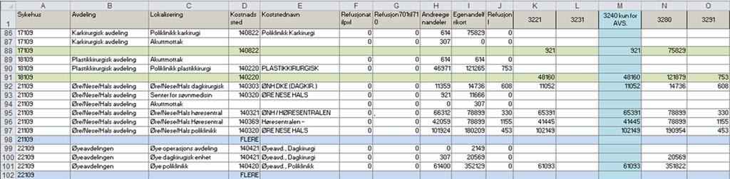 Alle de grønne linjene inneholder data som er klar til inntektsføring (på psykiatriske enheter må kolonnen 3240 kun for AVS fylles ut med riktig beløp) alle de blå linjene inneholder inntekter som