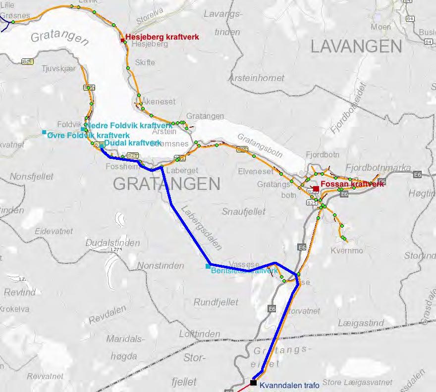 Blått markerer en antatt trase aktuell