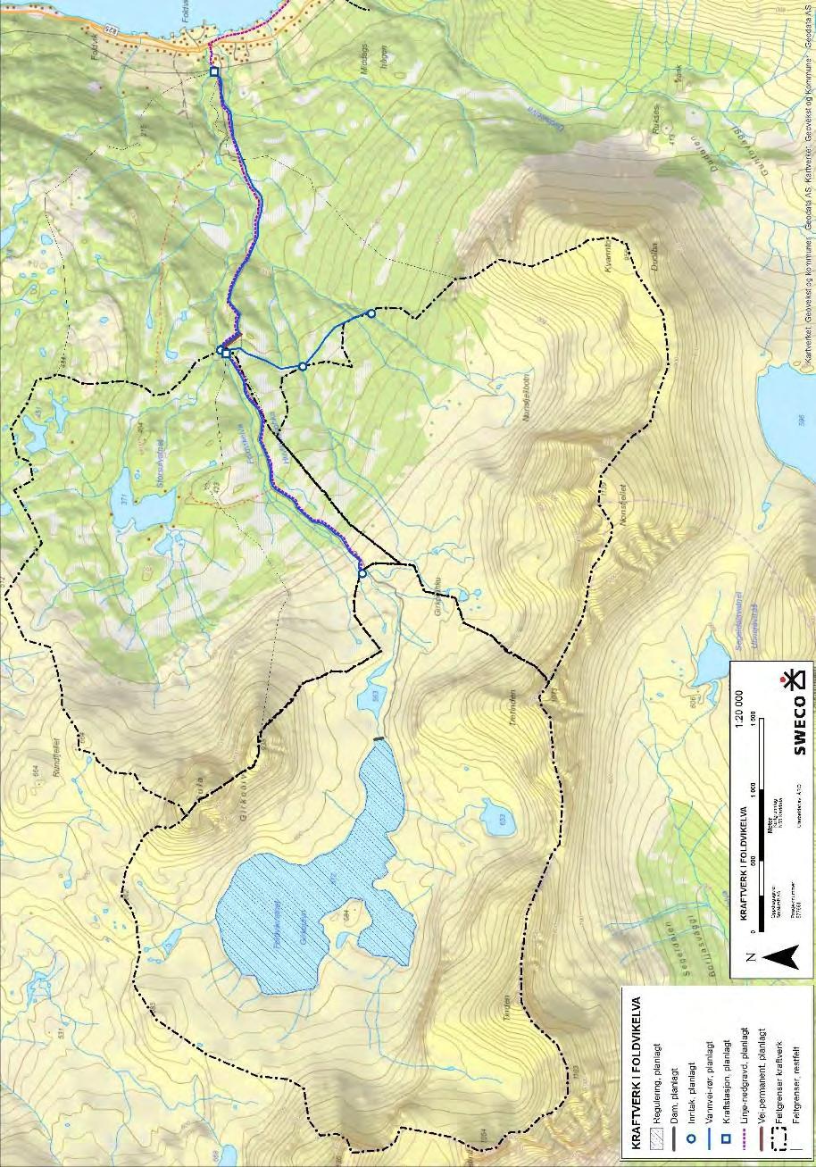 Foldvikvatn og Foldvikelva, samt planlagt trasé for nettilknytning via jordkabel.
