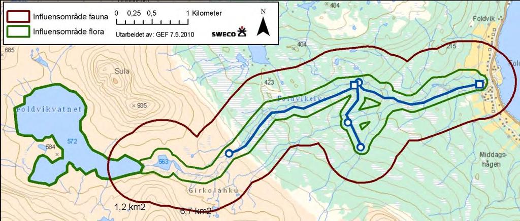 2.3 Influensområdet Geografisk er tiltaket avgrenset av dammen i Foldvikvannet sin oppstuvende effekt i øvre deler, og i nedre del ved utløpet fra kraftverket i sjøen.