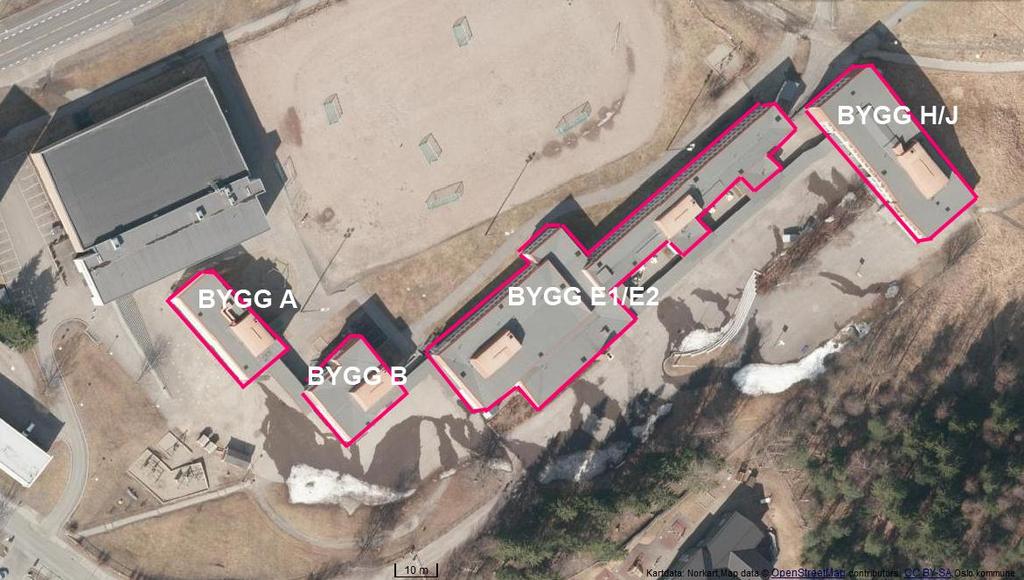 Figur 1: Bygningsoversikt Bøler skole I forbindelse med rehabilitering av skolen skal det gjøres rivearbeider i søndre del av 1. etasje i bygg E1/E2.