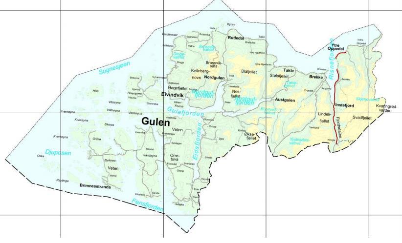 Figur 2: Oversiktskart over Gulen kommune. Kjelde: Gulen kommune Busetnad: Busetting er ganske spreidd i landskapet, og dei fleste bur nær sjøen eller i dalbotnar. Dei ca.