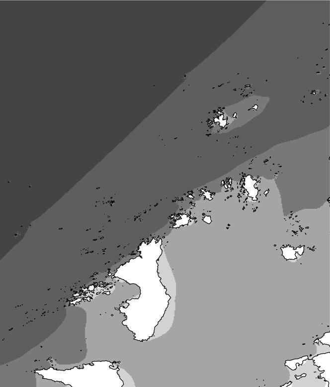 3 Metode Figur 6: Bølgeeksponeringsmodellen WaveImpact for området. Oppløsningen er 50 m. Jo mørkere farge, jo mer eksponert.