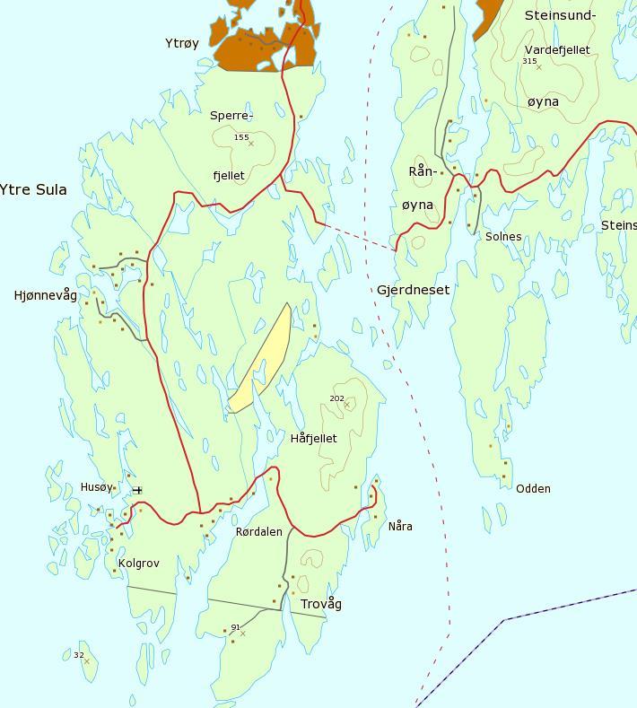 Forprosjekt Ytre Steinsund bru side 5 Dykkar hadde god sikt ned til 30 meter, der det stort sett var bart fjell, men stadvis ein del skjellsand og nokre større steinar. Figur 3: Kart frå ngu.