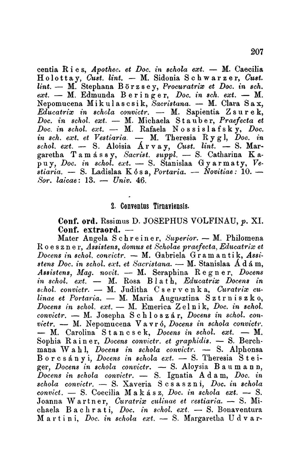 207 centia R i e s, Apothec, et Doc. in schola ext. - M. Caecilia Holottay, Cust. lint. - M. Sidenia Schwarzer, Cust. tint. - M. Stephaná B ö r z s e y, Procuratri» et Doc. in sch. eet. - M. Edmunda B e r i n g e r, Doc.