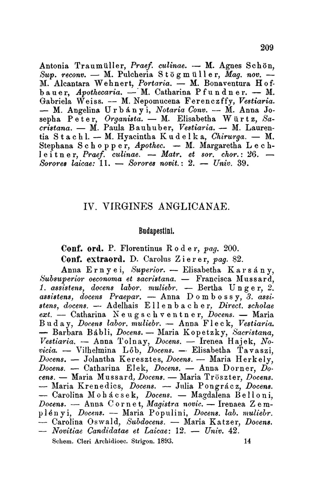 209 Antonia Trauroüller, Praef. culinae. - M. Agnes Schön, Sup. reconv. - M. Pulcheria S t ö g ro ü II e r, Mag. nov. l\l Alcantara Wehnert, Portaria. - M. Bonaventura H o f b a u e r, Apothecaria.