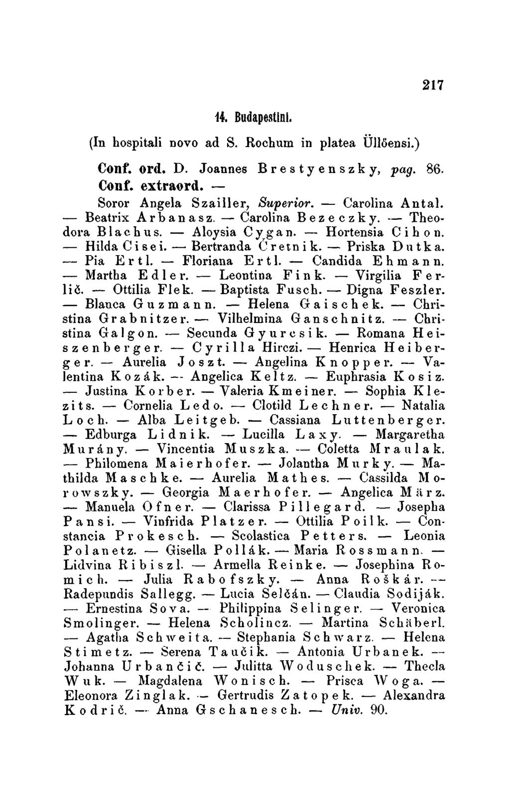 14. Budapestinl. (In hospitali novo ad S. Rochum in platea Ünöensi.) 217 Conf. ord. D. Joannes B r e s t y e n s z k y, pag. 86. Cont. extraord. - Soror Angela Szailler, Superior. - Carolina Antal.