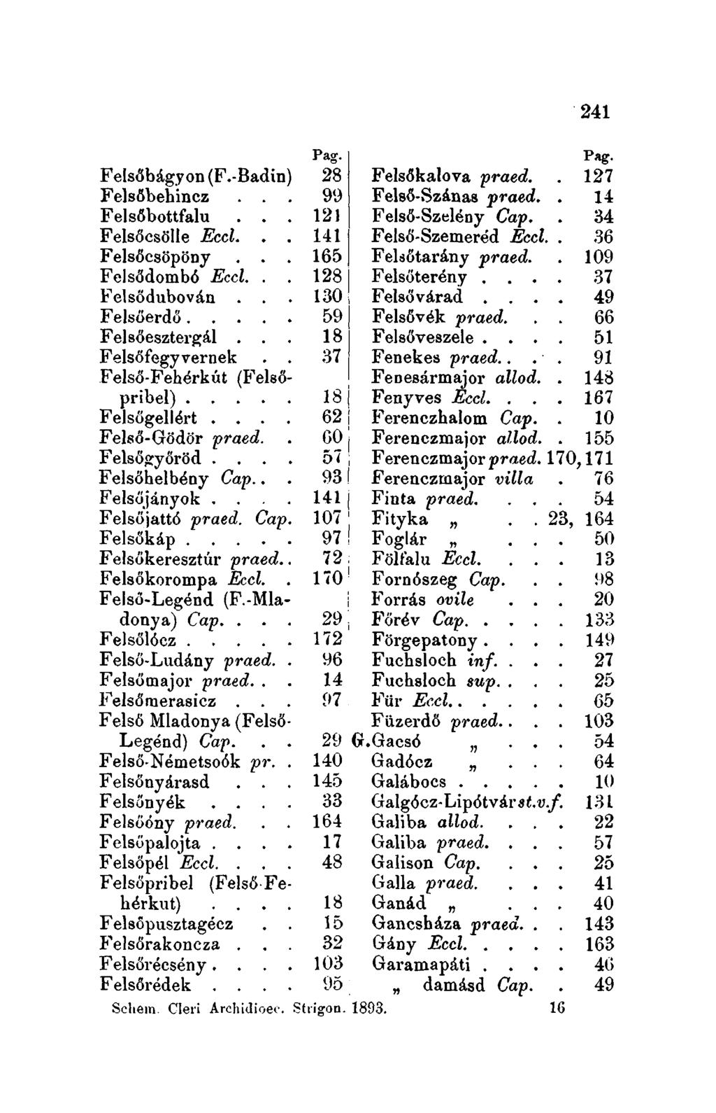 Fels5bágyon (F.-Badin) Felsőbehinez Felsőbottfalu Felsőcsölle Ecel. Felsöcsöpöny. Felsődombó Ecel. Felsödubován Felsöerdö. Fel sőesztergál Felsőfegyvernek Felső-Fehérkút (Felsőpribel). FelsőgelIért.