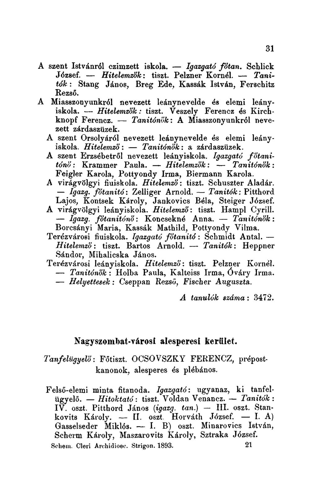 31 A szent Istvánról czimzett iskola. - Igazgató fötan. Schlick József. - Hitelemzök: tiszt. Pelzner Kornél. - Tanitók: Stang János, Breg Ede.. Kassák István, Ferschitz Rezső.