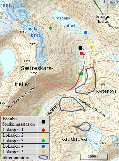 Figur 6: Kart over Grasdalen på Strynefjellet der NGIs skredforskningsstasjon Fonnbu ligger.