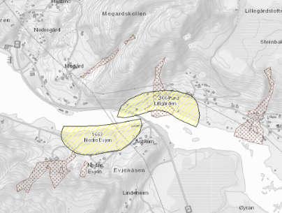 Figur 5.3: Utdrag fra NVE s sin skredatlas, oppstrøms av bruen ved Litlgården nr. 1664.