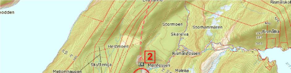 Oppstrøms av punkt 2 ligger kraftverk og dam ved Rismålsvannet.