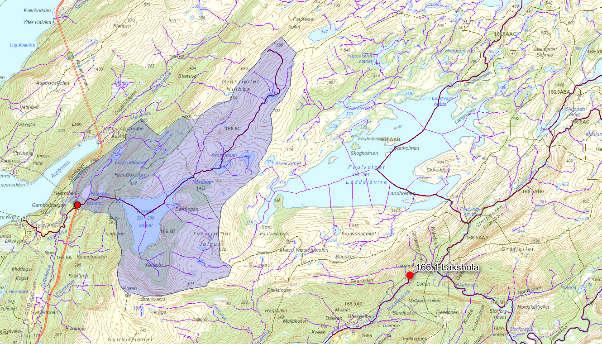 6.1 Flomberegninger Nedbørsfeltet til punkt 2 vises på figur 6.2. Dersom nedbørsfeltet til punkt 2 er bare 14,5 km 2 så vil flomformler fra NVE, 2011 ikke brukes for dette punktet.