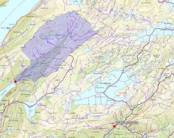 Figur 7.2: Nedbørsfelt til punkt 3 og plassering av målestasjon 166.1 Lakshola. 7.1.1 Flomfrekvensanalyse Tabell 7.1 viser data for målestasjon 166.1 Lakshola og data for nedbørsfeltet til punkt 3.