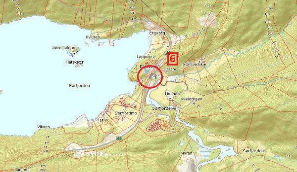 9 BEREGNINGER FOR SØRFJORDELVA (PUNKT 6) Beregningspunkt 6 ligger ved Sørfjordelva, vist på figur 9.1. Figur 9.