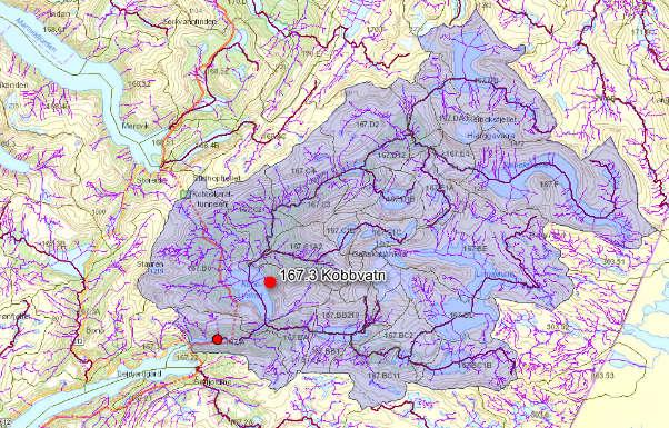 2. Målestasjon 167.3 Kobbvatn ligger i nedbørsfeltet til punkt 7, også vist på figur 10.2. Figur 10.